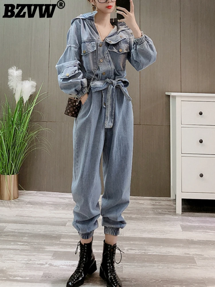 

BZVW Fashion Vintage Denim Jumpsuits For Women 2023 Spring And Autumn Trend Designer Lace-up High Waist Casual Female Clothes