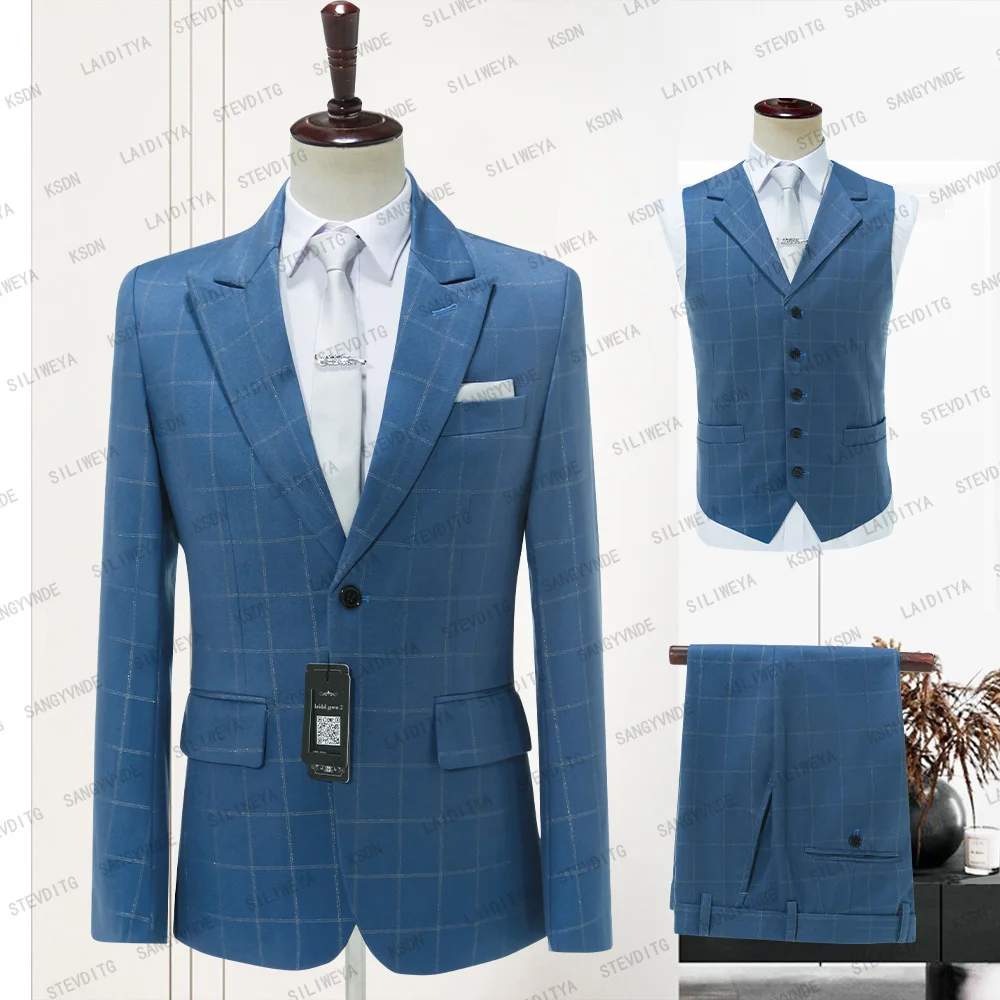 

Мужские костюмы в клетку в стиле ретро, весна-осень 2023, в британском стиле, повседневное свадебное платье для жениха, Классический комплект из 3 предметов (пиджак + жилет + брюки)