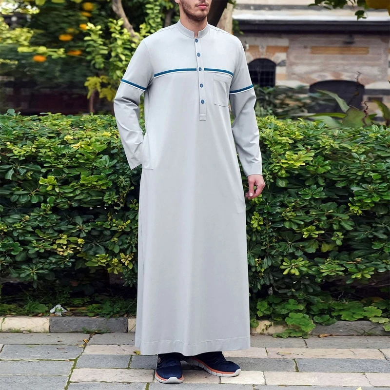 Muslim Robe Comfortable Caftan Men Long Sleeve Stand Collar Muslim Clothing Breathable Eid Middle East Jubba Thobe Gifts