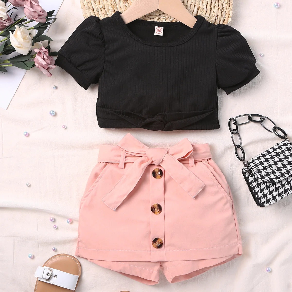 

Летняя одежда для девочек, 2 шт., топы с коротким рукавом + шорты с поясом, наряды, Детские повседневные комплекты одежды для девочек