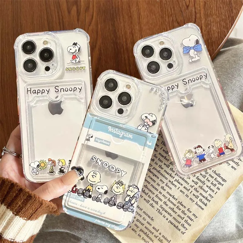 Snoopy Photo Card Holder Wallet Мягкий чехол для телефона IPhone 16 15 14 13 12 Mini 11 Pro XS X XR 7 8 Plus SE 2020 2022 Y2K