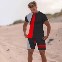 summer mens trend color matching t shirt shorts casual sports loose comfortable 3d printing set of two