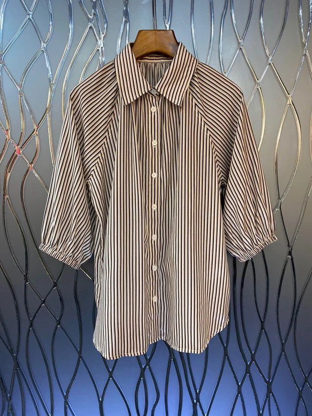 

2023 new women fashion mid-sleeved sexy simple striped loose top shirt 20212