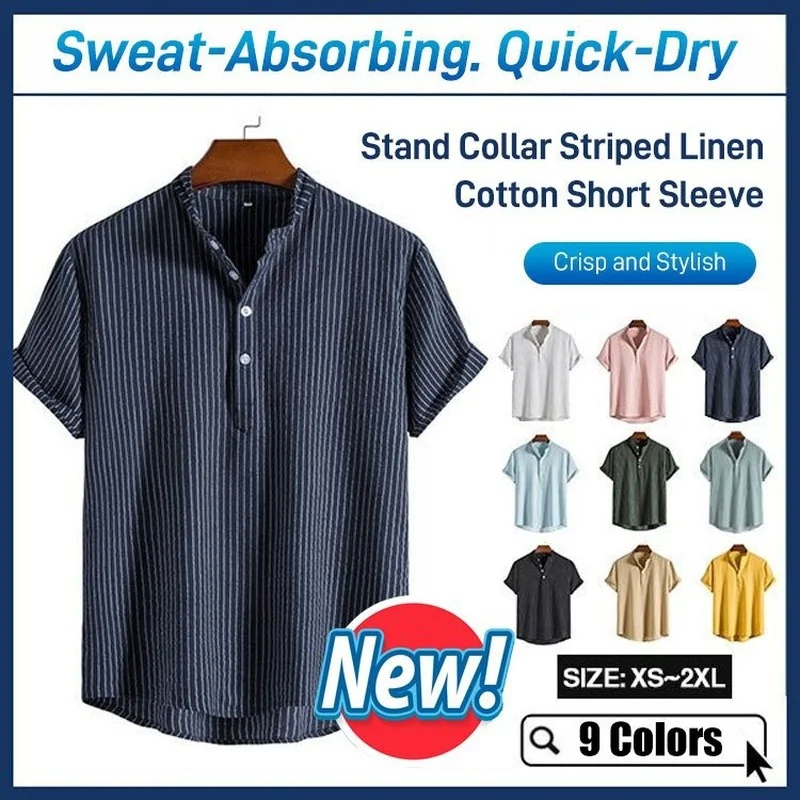 

Striped Stand Collar Linen Cotton Short Sleeve [9 Colors]