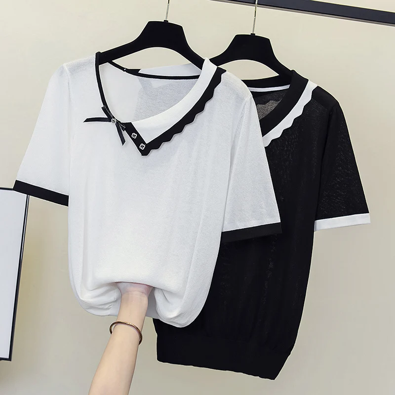 

2022 New Women Sweater shirt collar Summer solid color Knitted pullove short sleeve Female Casual Loose Women clothing