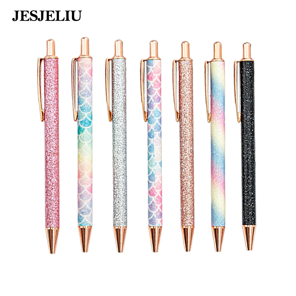 

1PC Glitter Cute Ballpoint Pens Sparkly Rose Gold Click Ball Pens Metal Retractable Pen Stationery Students School Office Supply