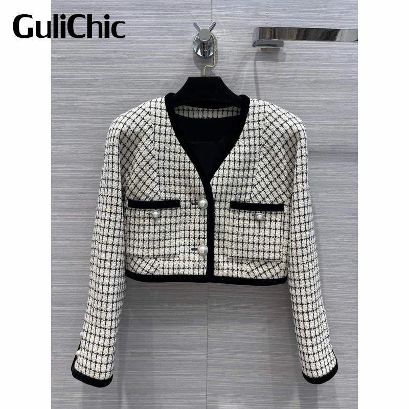 

Женская короткая твидовая куртка GuliChic, элегантная клетчатая однобортная куртка с жемчугом и V-образным вырезом, 10,27