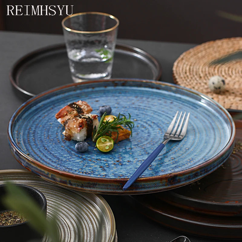 

REIMHSYU Japanese Style Ceramic Kiln Change Retro Round Steak Sushi Salad Flat Plate Dishes Household Tableware Sets