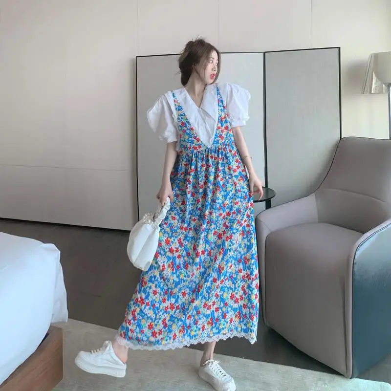 

Summer New Doll Collar Puff Sleeve Shirt Women's Small Fresh Mid-length Suspender Skirt Two-piece Women's