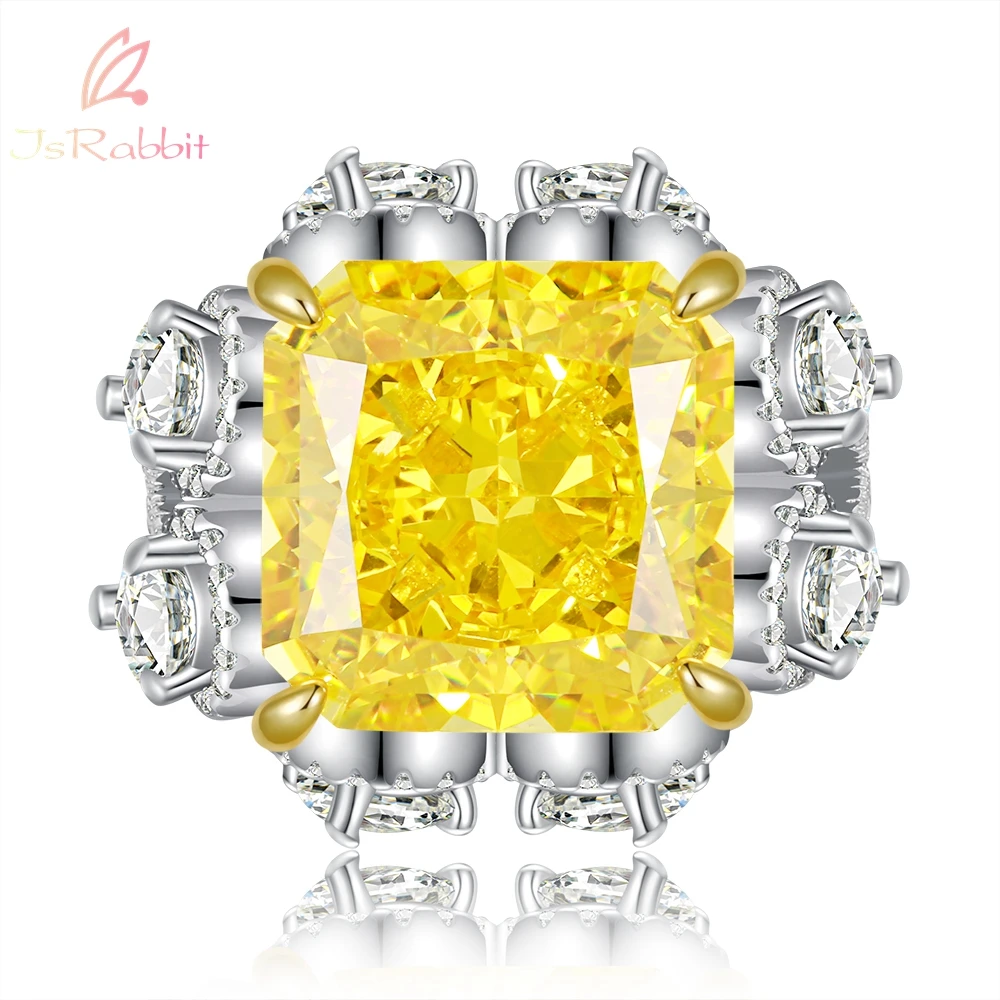 

IsRabbit 18K Gold Plated Radiant Cut 13*13MM Lab Grown Vivid Yellow Sapphire Faceted Gemstone Rings Luxury Jewelry Drop Shipping