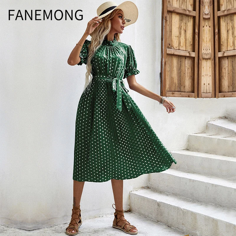 

Spring and Summer 2022 European and American Mid-length Skirt Short-Sleeve Polka-Dot Round Neck Tie Pleated Women's Dress