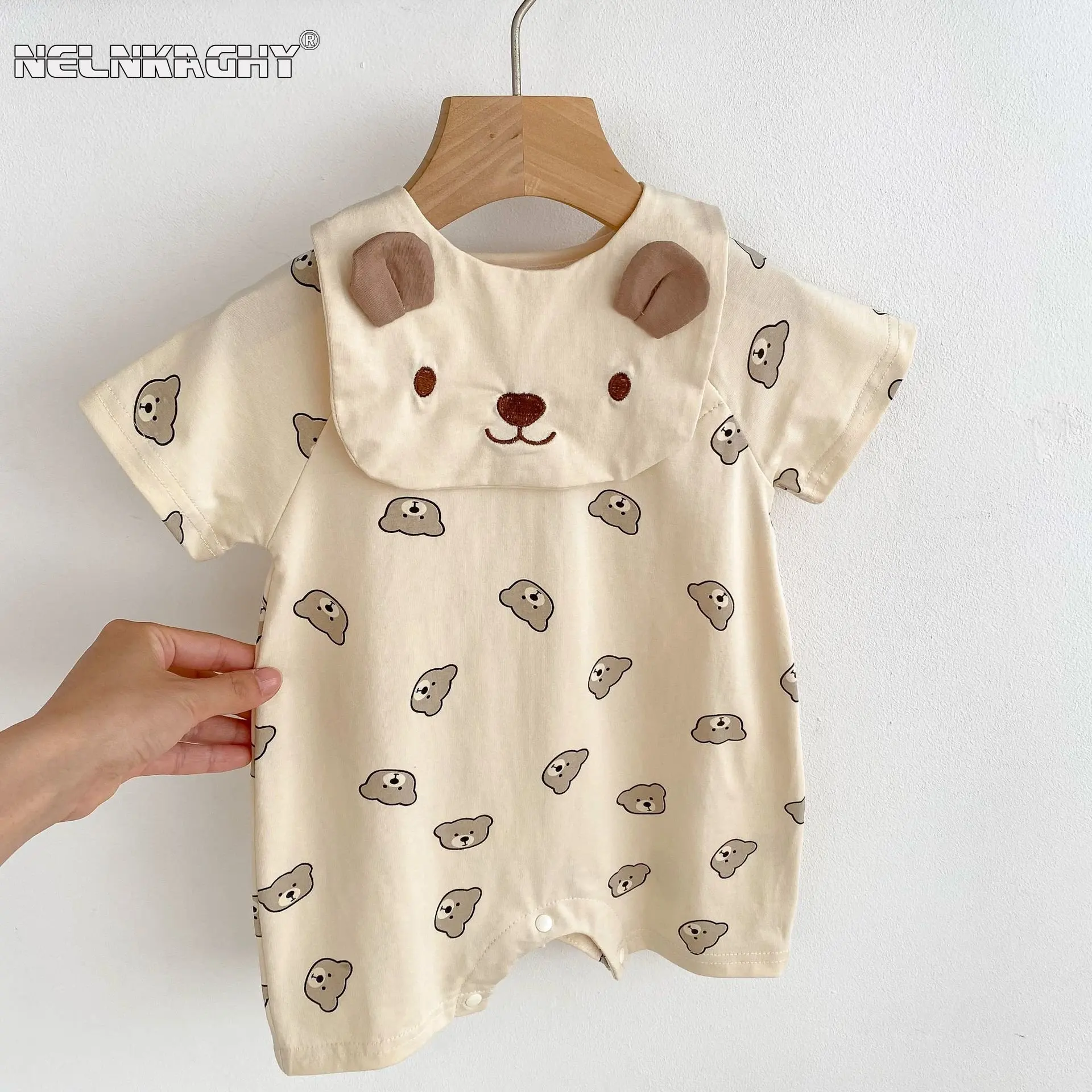 Infant Newborn Girls Boys Bear Print Outfits Cotton 100% Short Sleeve Jumpsuits Kids Baby  Clothing Romper + Bibs