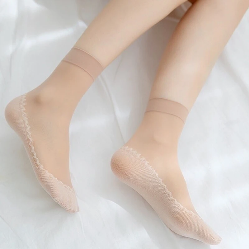 Summer Ultrathin Velvet Silk Socks for Women Girls Elastic Casual Transparent Splice Non-Slip Bottom Female Invisible Sock 1pair