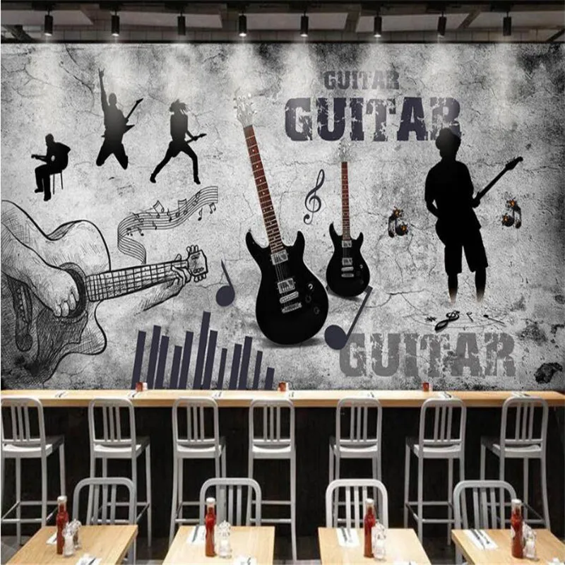 Retro 3D Guitar Music Theme Personality Wall Paper Restaurant Band Studio Bar KTV Industrial Decor Gray Mural Wallpaper 3D images - 6