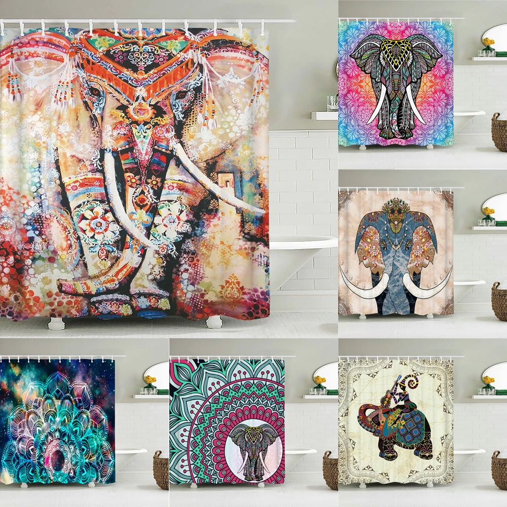 

India Elephant Shower Curtains Bathroom Curtain Frabic Colorful Mandala Bohemian Waterproof Polyester Bath Curtain With Hooks