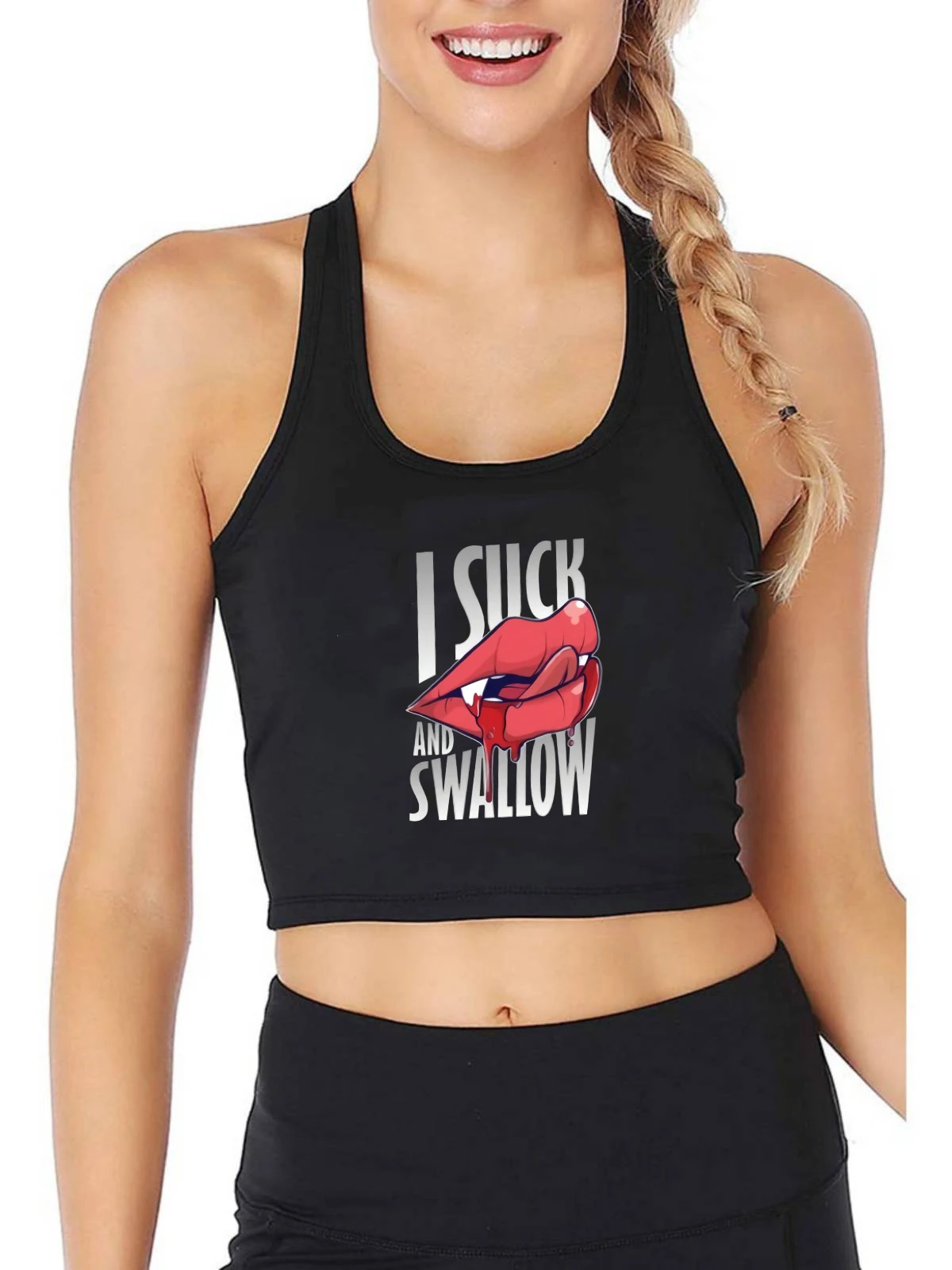 

Blood-Sucking Red Lips Graphic Suck Swallow Print Breathable Tank Top Women's Fashion Sexy Halloween Gift Crop Tops