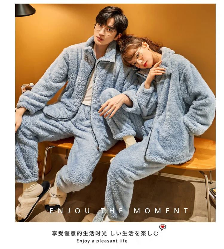 Autumn Winter Warm Flannel Zipper Couple Pajamas Set Women Sleepwear Family Pijama Lover Homewear Cloth Women Casual Men Pyjamas