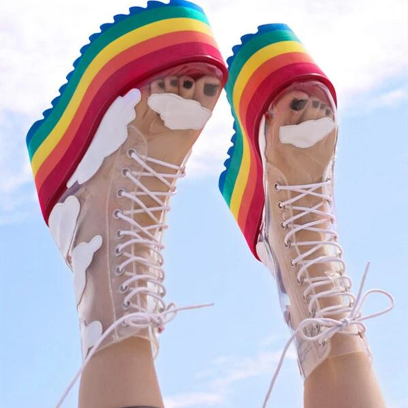 

Fashion PVC Transparante Vrouwen Enkellaarsjes Regenboog Platform Schoenen Lace-Up Bodem Platte Schoenen Zomer Hoogte Schoenen