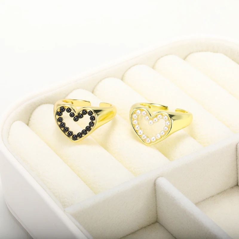 

Hollow Heart Ring Set With Black White Imitation Pearl Ring Stainless Steel Birthday Fine Jewelry Direct Selling Wholesale