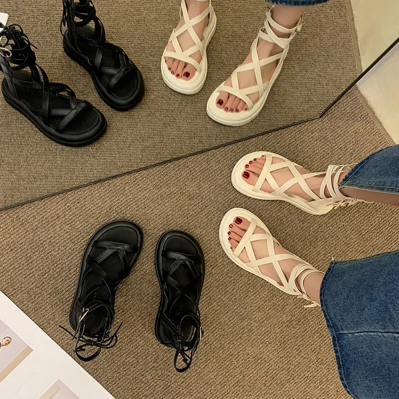 

Босоножки женские винтажные с высоким верхом, сандалии на мягкой плоской подошве, с перекрестными ремешками, модные гладиаторские, лето 2022