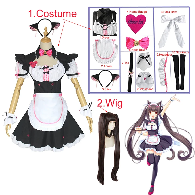 

Anime NEKOPARA Chocolate Vanilla Cosplay Costume Cafe Maid Uniform Halloween Carnival Lolita Dress Long Wig