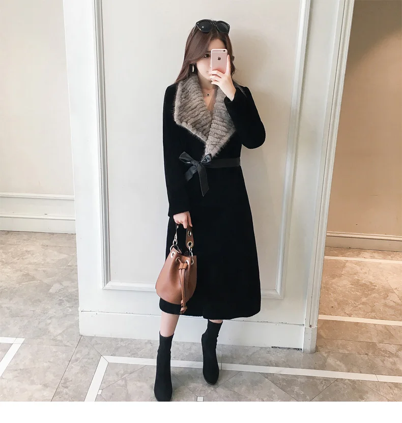 New Arrival 2022 Winter Fashion Woman Clothes 100% Wool Long Coat Natural Real Mink Fur Collar Female Streetwear Black Big Size