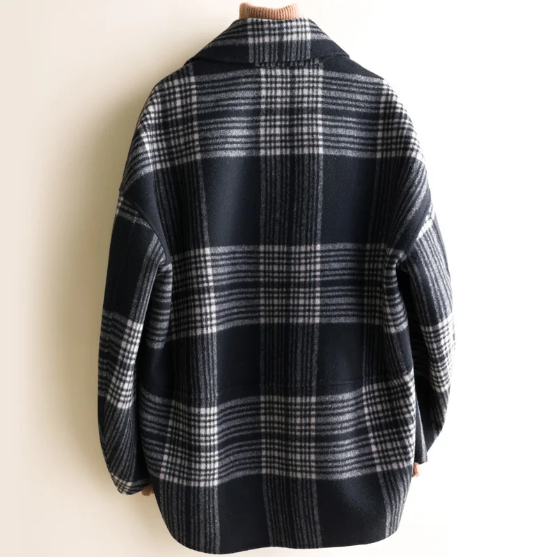 

Autumn 2022 Winter Loose Mid Plaid Double-Sided Wool Coat Women Outerwear Korean Vintage Long Sleeve Woolen Jacket Female