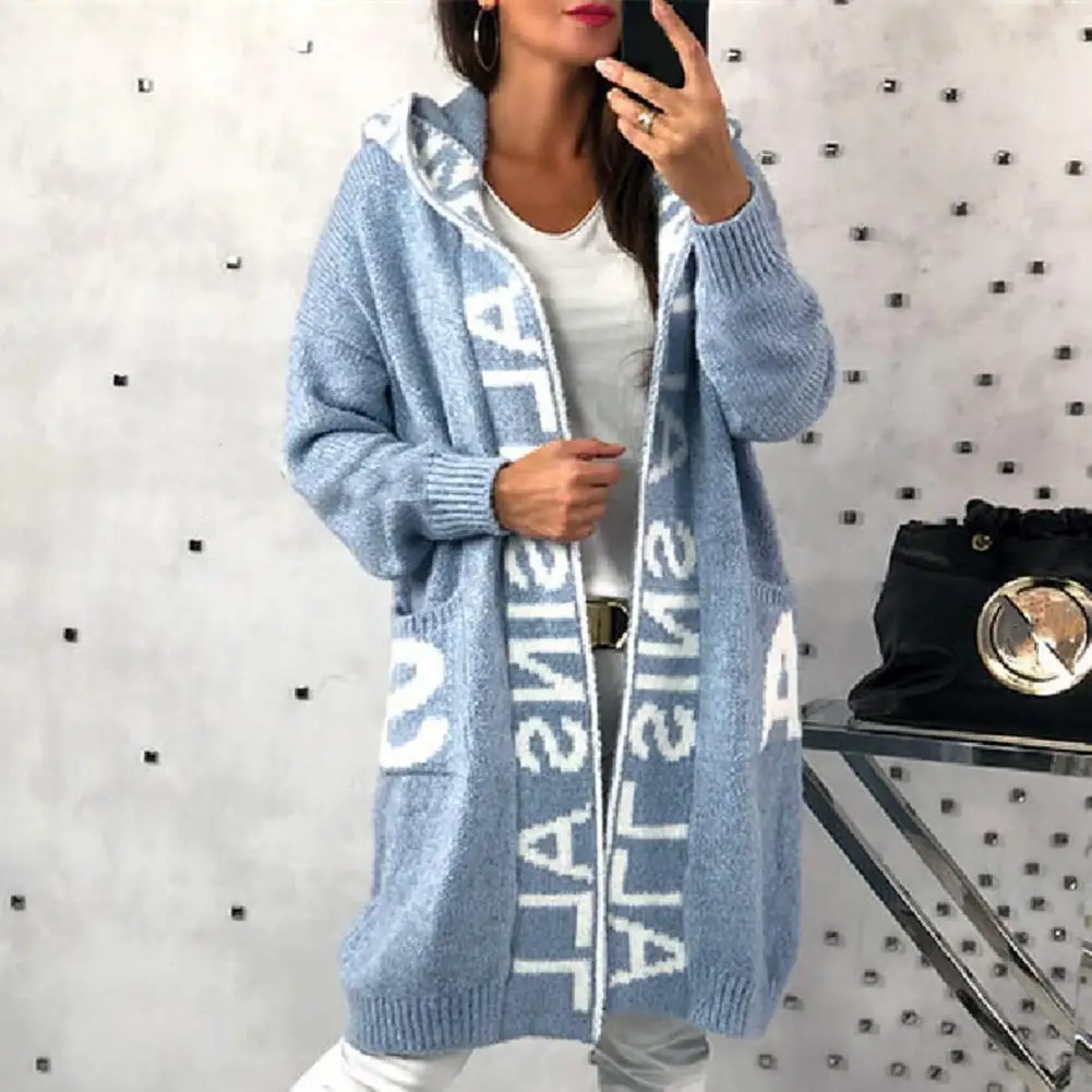 

Elastic Knitted Coat Cozy Knitted Sweater Coat with Hood Pockets Zipper Closure Warm Stylish Women's Winter Outerwear Mid Length