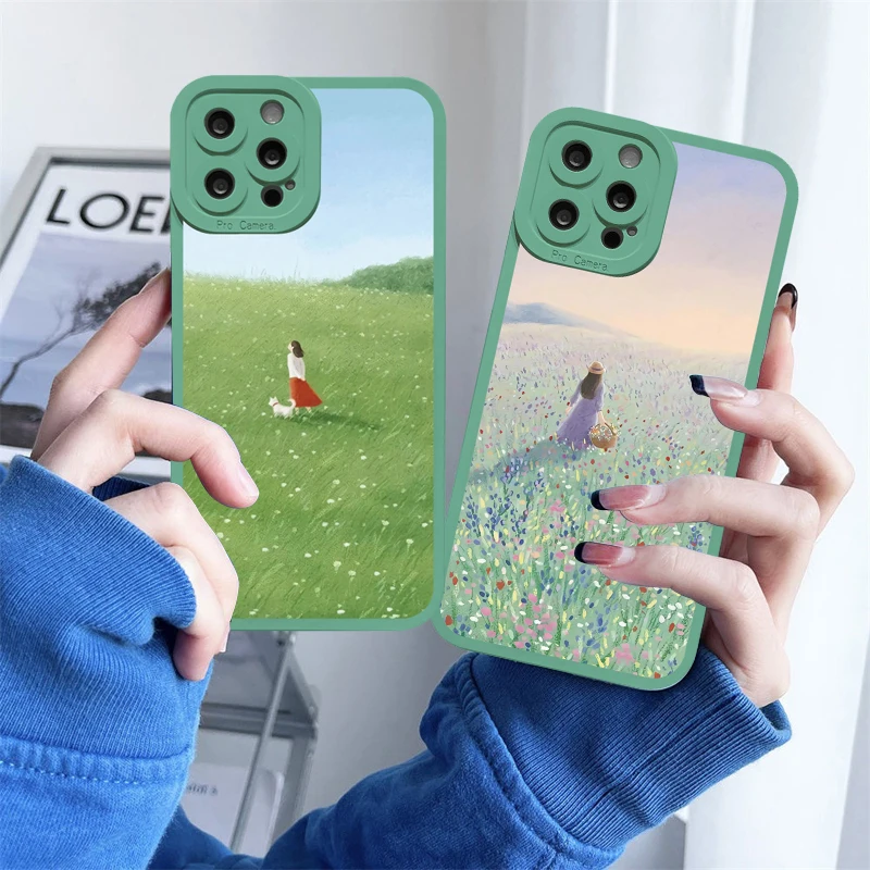 

Cartoon Scenery Girl Phone Case For iphone 13 11 12 14 Pro Max 7 8 Plus SE2 Flower Field for iPhone X XR XS Soft Silicone Cover