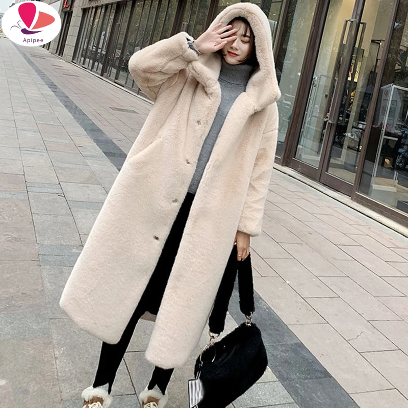 

Winter Women High Quality Faux Rabbit Fur Coat Luxury Long Fur Coat Loose Lapel OverCoat Thick Warm Female h Coats