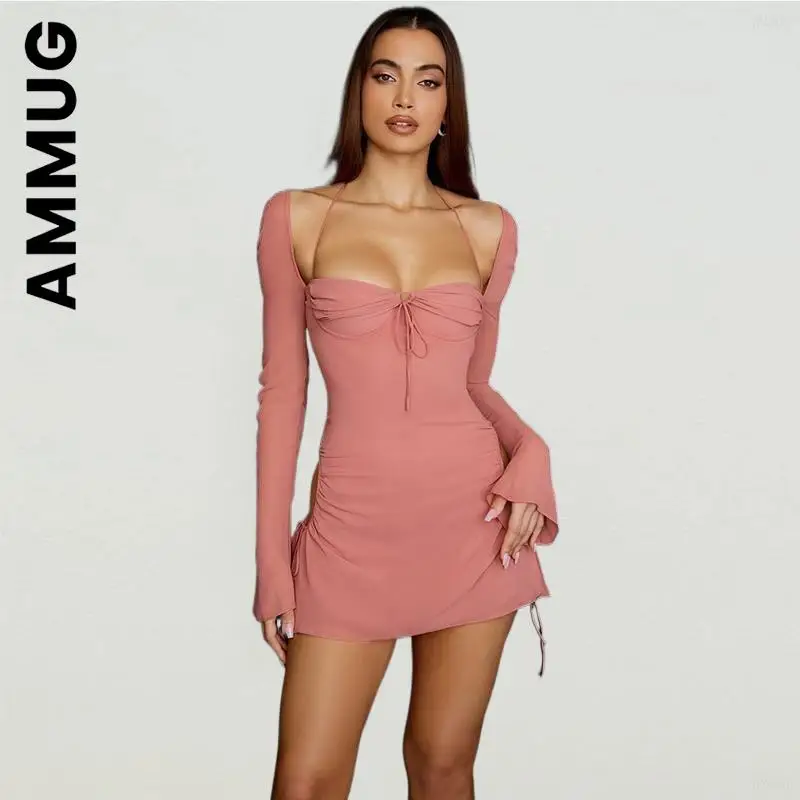 

Ammug Dress New Women All-Match Flare Long Sleeve Pink Dress Elastic Sexy Dress Soft Vintage Vestidos Women Clothing Female