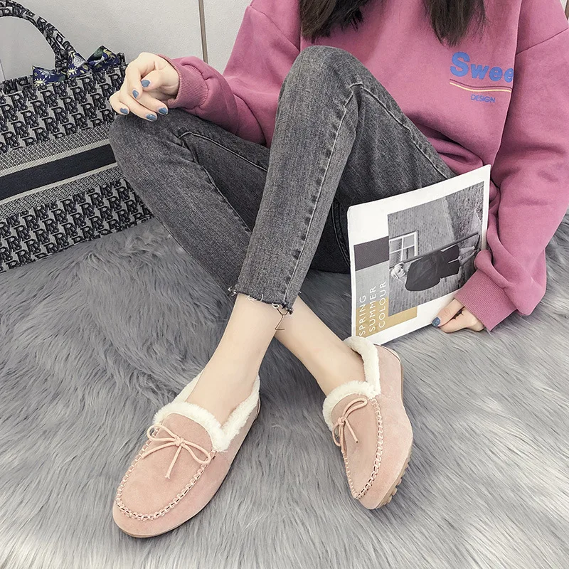 Winter Women's Cotton Shoes Warm Flat Shoes Casual Loafers Slip on Indoor Bow Plush Shoes Women Comfort Furry Shoes