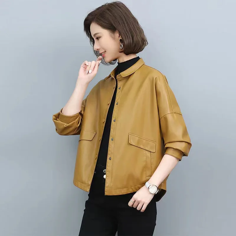 Basic Style Casual Leather Coat Women's Short 2022 Spring  Autumn Korean Casual Loose Top Yellow Short Leather Clothes for Lady