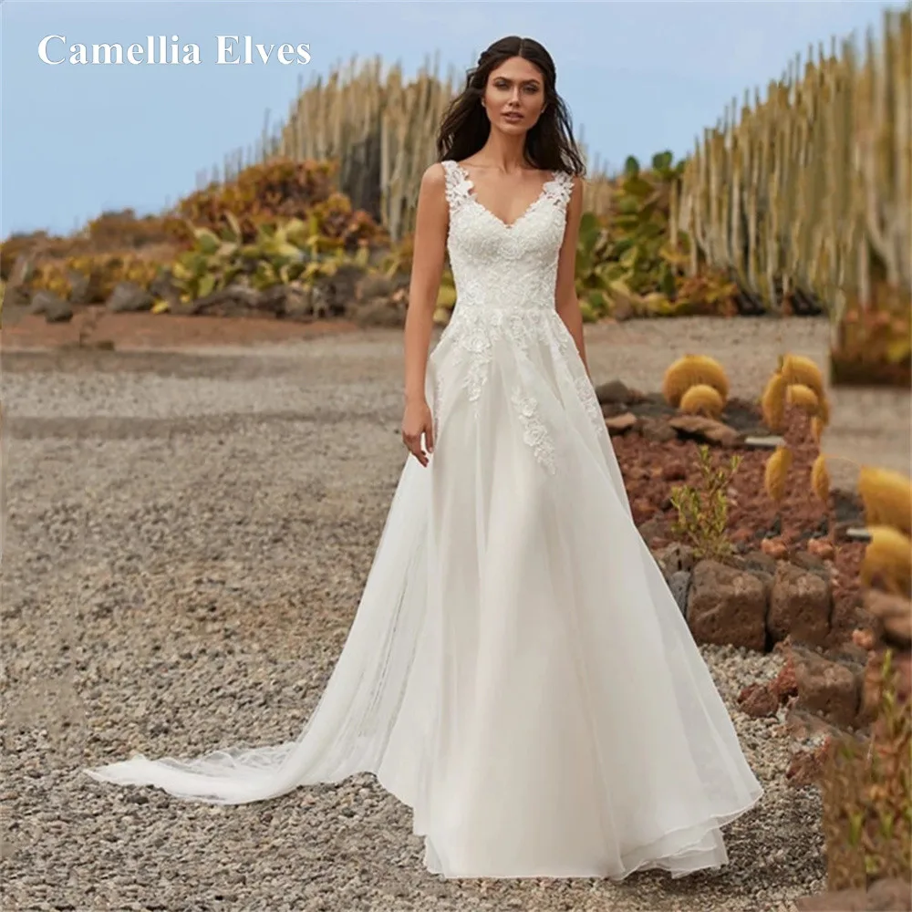 

Bohemian Simple A Line Wedding Dresses 2022 V Neck Sleeveless Lace Applique Sweep Train For Women Weeding Gowns robe de mariée