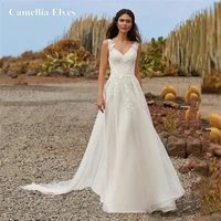 bohemian simple a line wedding dresses 2022 v neck sleeveless lace applique sweep train for women weeding gowns robe de mari%c3%a9e
