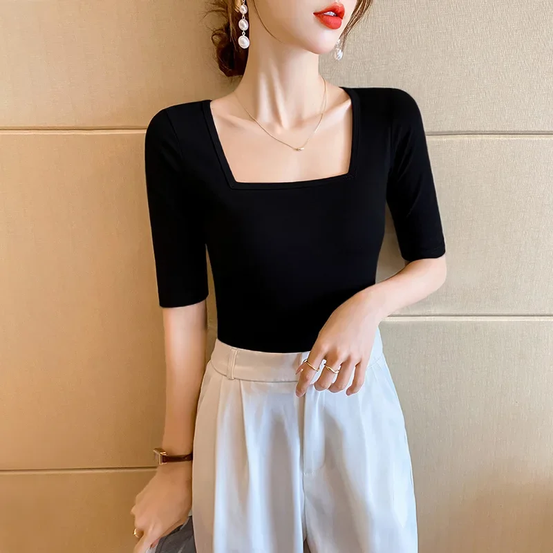 Женская футболка приталенного кроя из чистого хлопка с квадратным воротником и