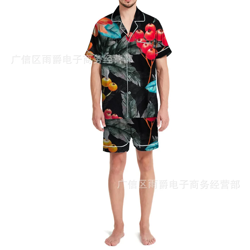 Men's Silk Pajamas 2pcs Short Sleeve Lapel Single-breasted Printed Shirts Shorts Home Clothing Lounge Wear Men Silk Satin Pajama