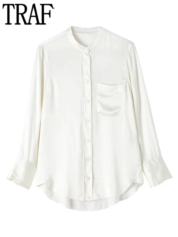

TRAF 2022 Off White Shirt Women Blue Satin Blouses Women Casual Summer Baggy Button Up Shirt Woman Long Sleeve Pocket Top Female