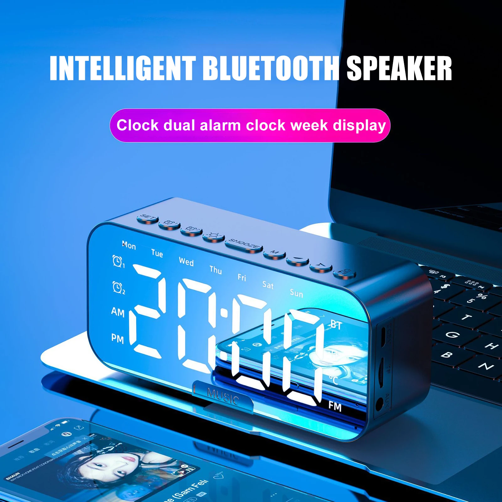

Беспроводной настольный динамик со светодиодным зеркальным экраном и Bluetooth-совместимыми часами для женщин и мужчин, украшение для дома в сп...