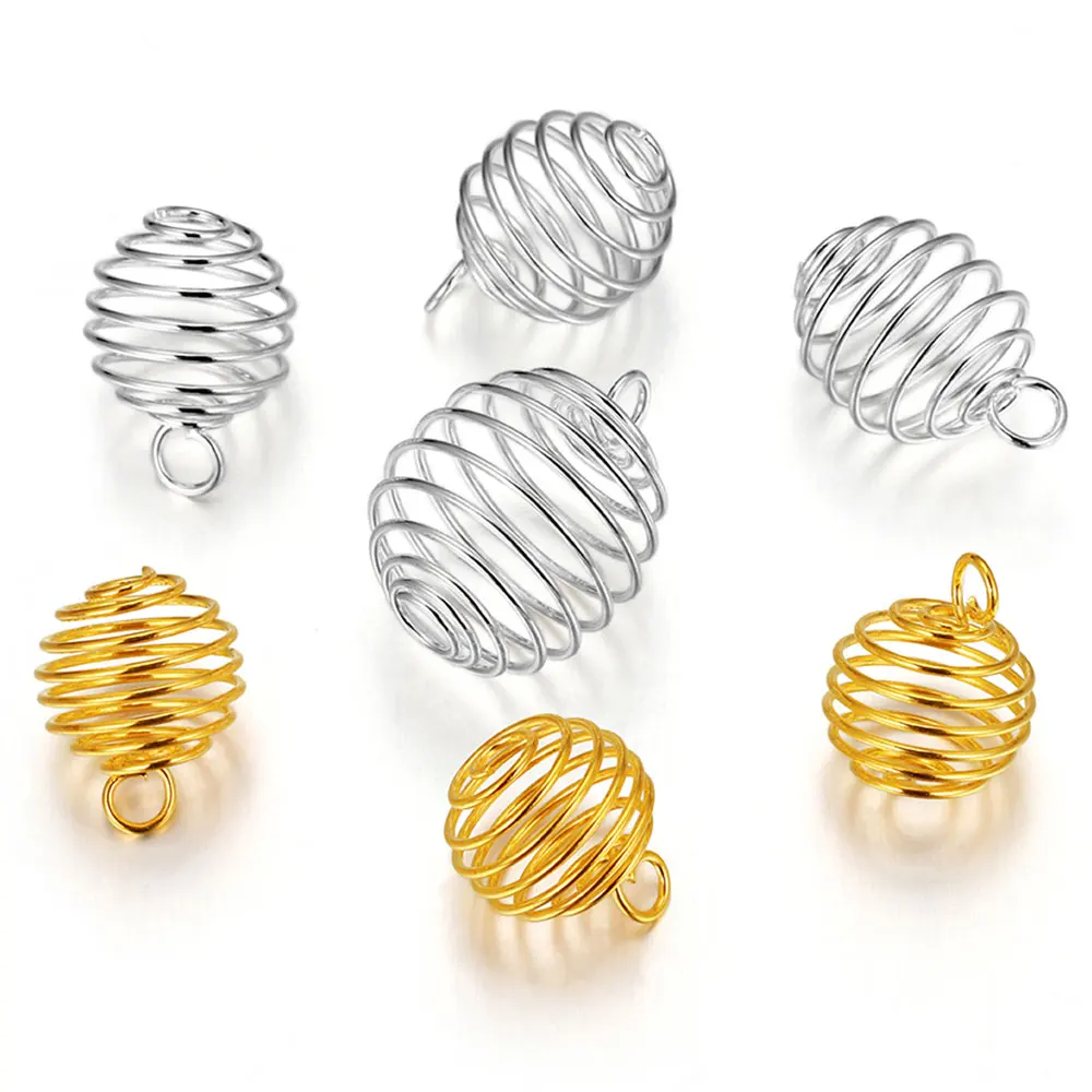 10pcs Gold/Silver Plated Lantern Spring Spiral Bead Small Charm For DIY Jewelry Making Earrings Metal Cage Pendant Accessories