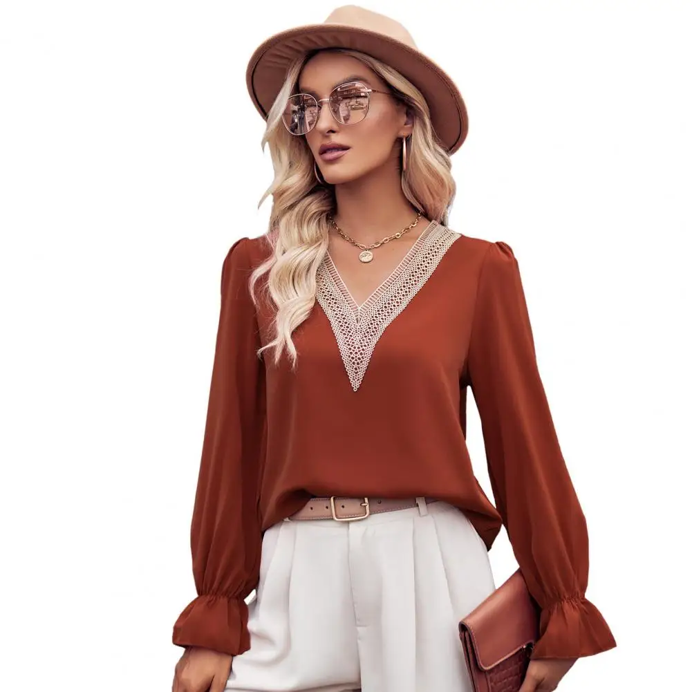 

Женский пуловер с V-образным вырезом и кружевом, с длинным рукавом