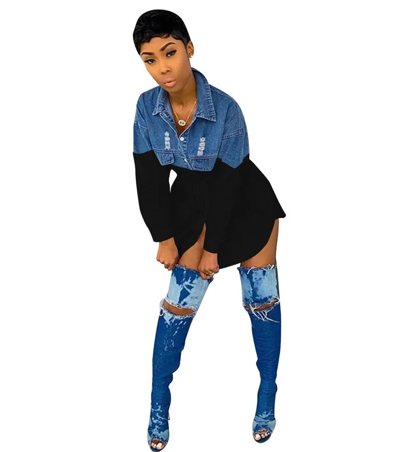 Женская джинсовая рубашка с длинным рукавом отложным воротником дырками