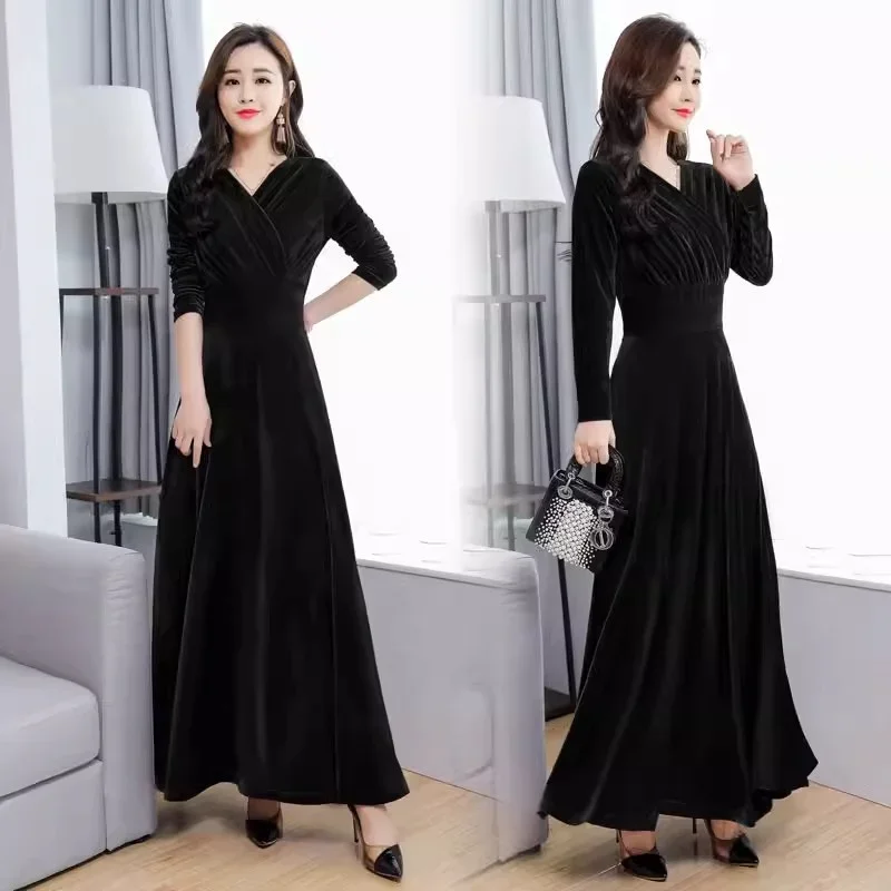 Женское бархатное платье с длинным рукавом золотистое запахом модель E527