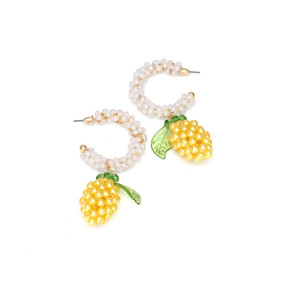 LuxHoney Fashion ZA Style Cute Hand-Knitting C-Shape Mini Pearl Beaded Hoop Earring for Women with Yellow Lemon Shape Bead Charm