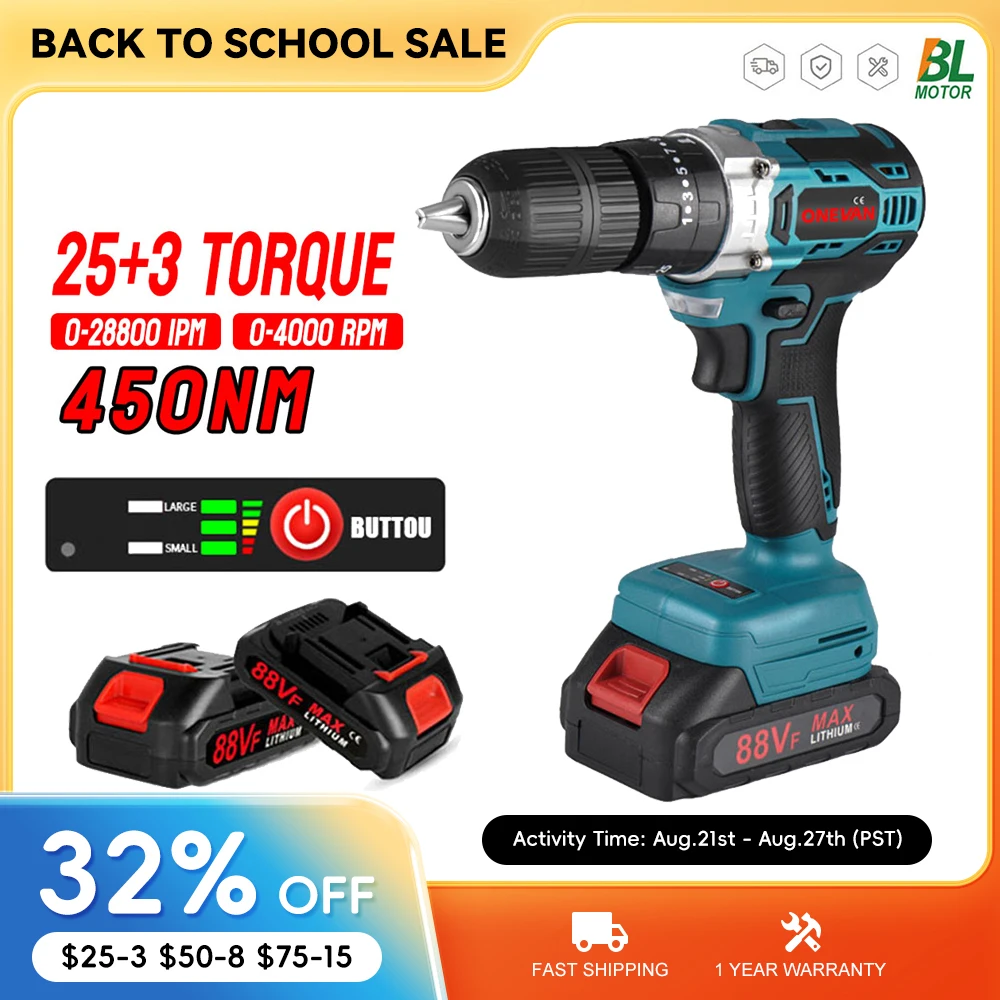1000W 450NM 25+3 Torque Brushless Electric Impact Drill 3 in 1 Multifunctional Cordless Screwdriver For Makita 18V Battery