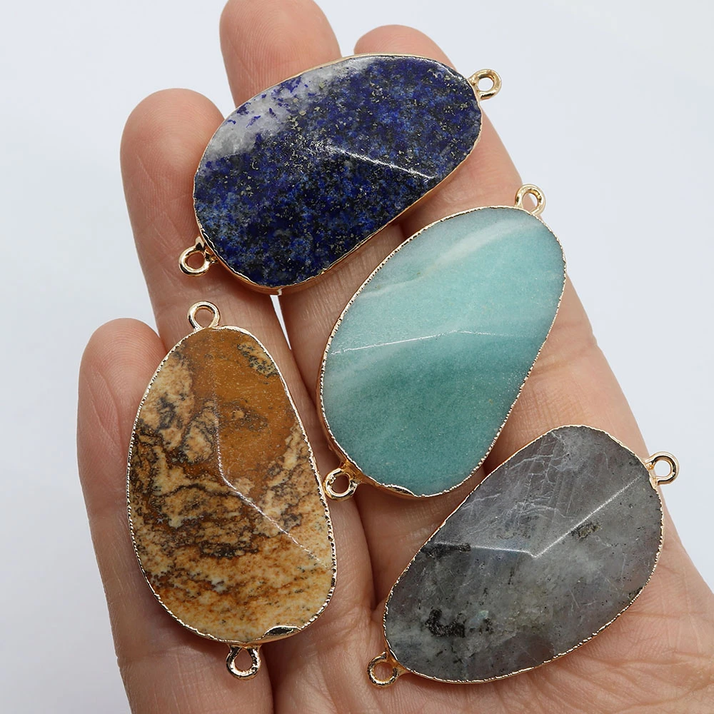 

Natural Stone Irregular Shape Faceted Double Hole Connector Wrap Around Pendant Holiday Gift Vintage Trendy Jewelry 22x43mm