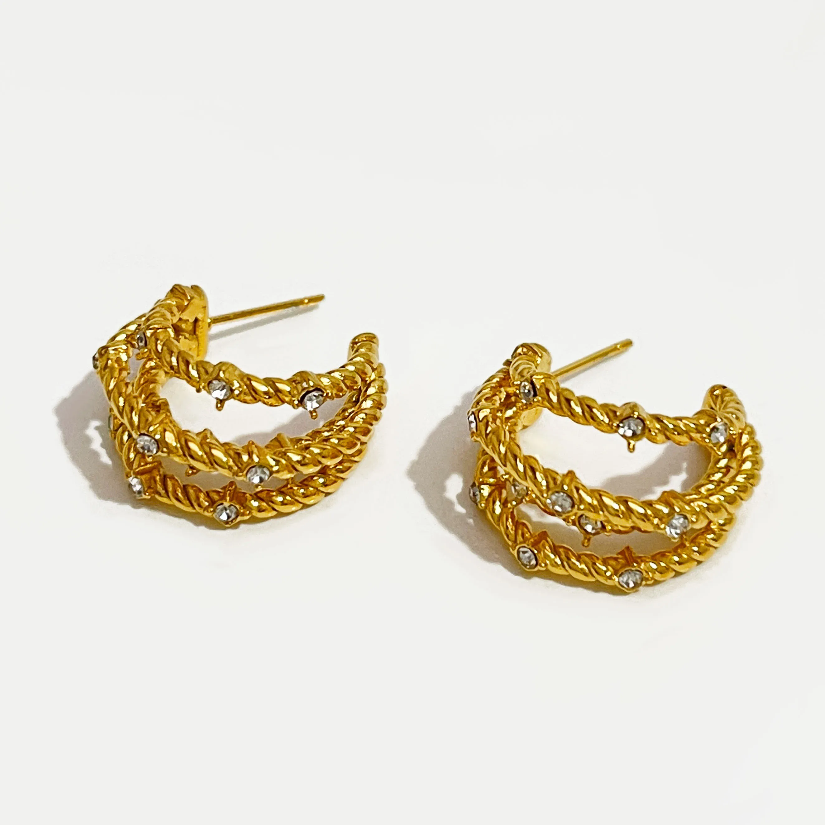 

Peri'sbox Medium 18K Pvd Gold Plated Multi Layer Twisted Hoop Earrings with Cz Rhinestones Minimal Chic Jewelry Stainless Steel