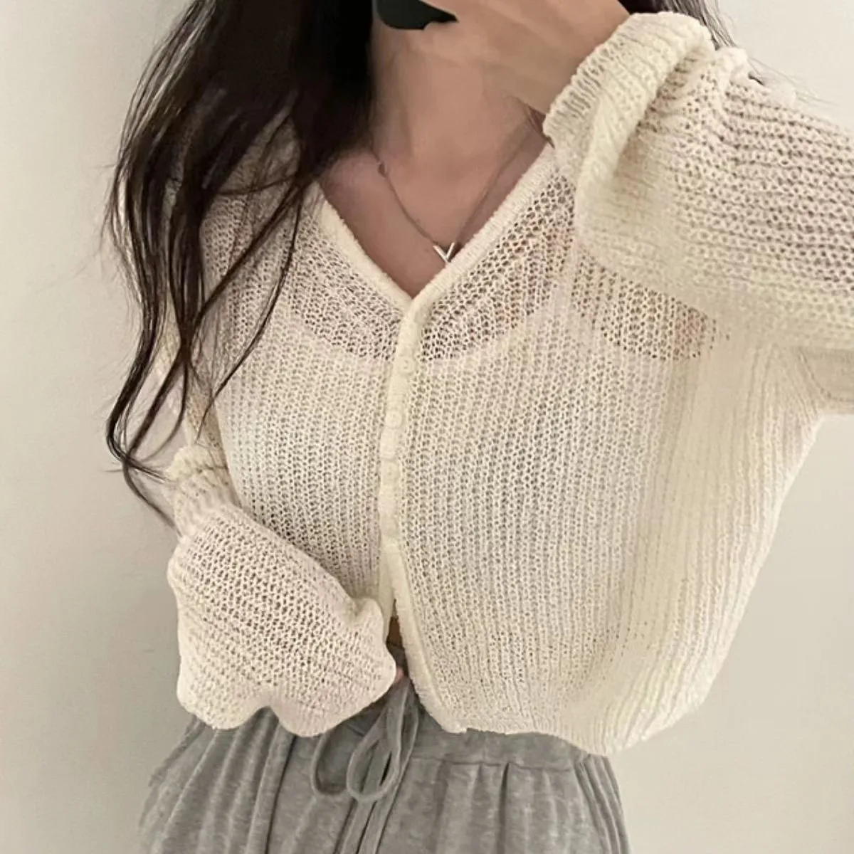 

Rimocy Sunscreen Knitted Cardigan Women 2023 Loose Hollow Out Cropped Cardigans Woman V Neck Single Breasted Thin Coat Female
