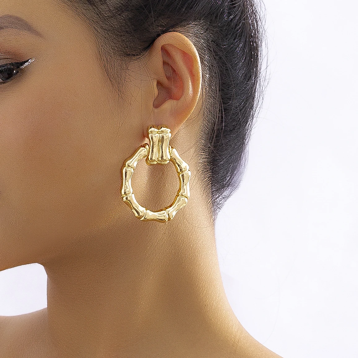 Fashion Statement Gold Color Big Bamboo Circle Drop Earrings