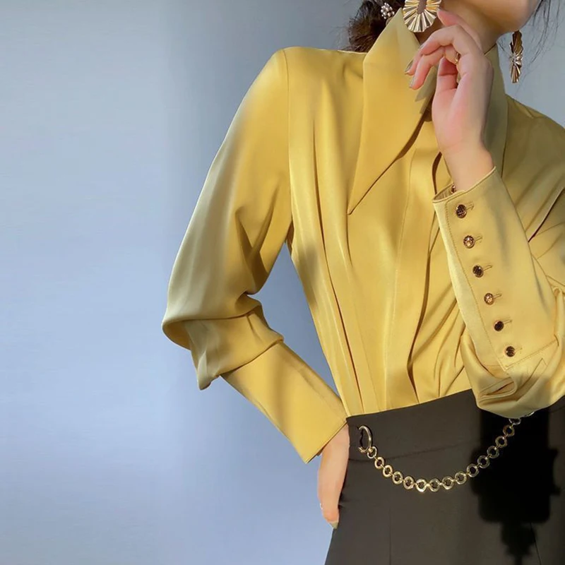 

Fashion Chic Women Shirts Turn Down Collar Long Sleeve Office Ladies Shirts Button Korean Elegant Designed Female Tops